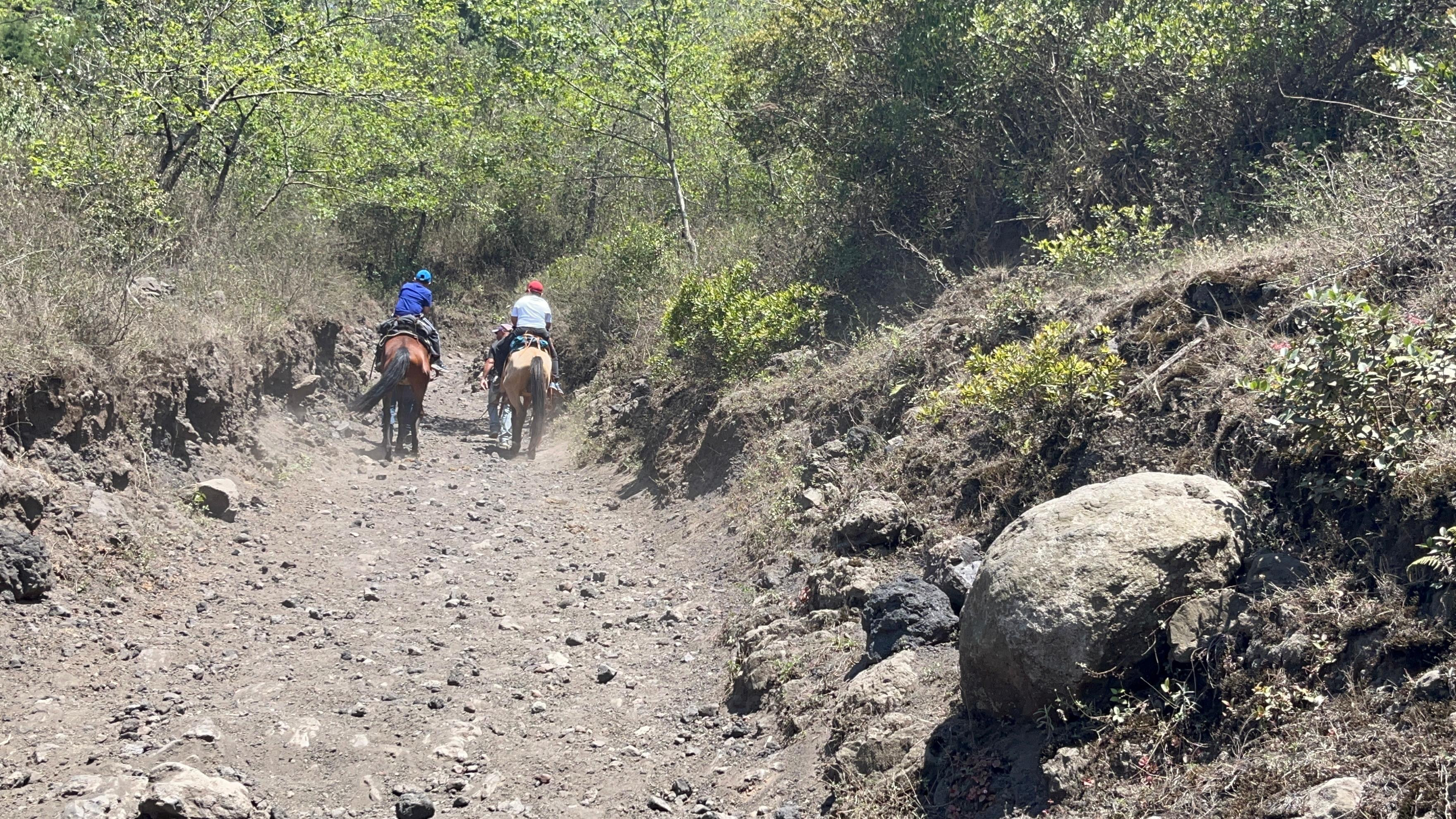 Subiendo a caballo el sendero que lleva al volcán Pacaya.
